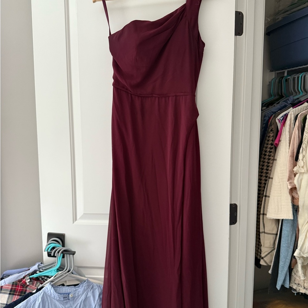 Mori Lee Burgundy One-Shoulder Bridesmaid Dress